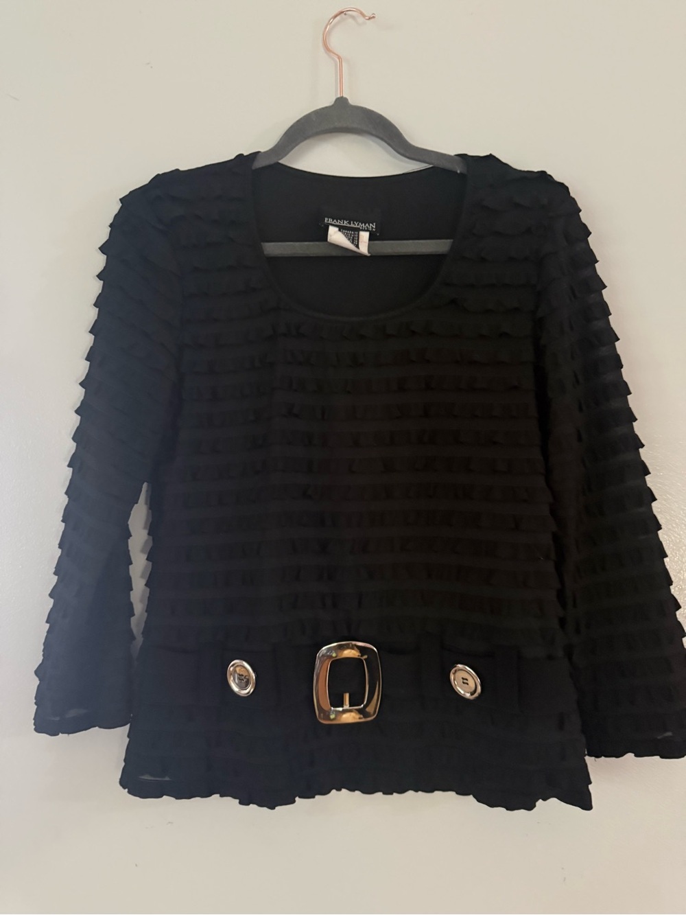 Frank Lyman Black Tiered Ruffle Knit Top with Buckle Detail - Size 10